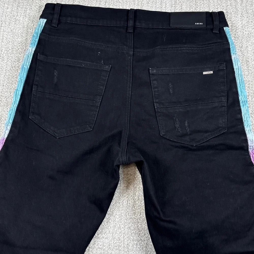 Amiri Mens 32x30 Black Distressed Side Stripe Zip Skinny Denim Jeans Made USA